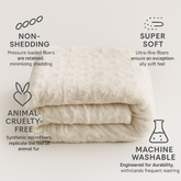 Folded white luxury faux fur blanket with text highlighting features machine washable super soft non shedding and animal cruelty free on a light gray background